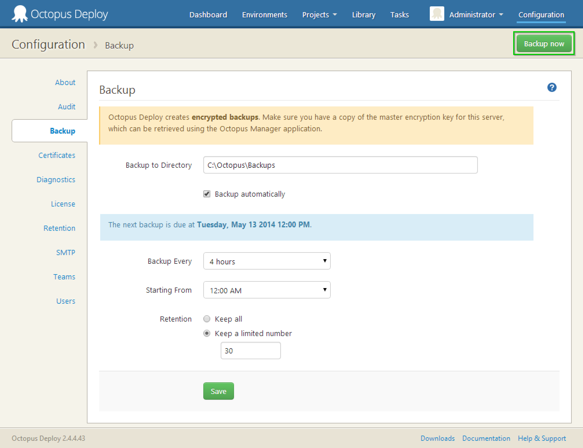 The Backup now button