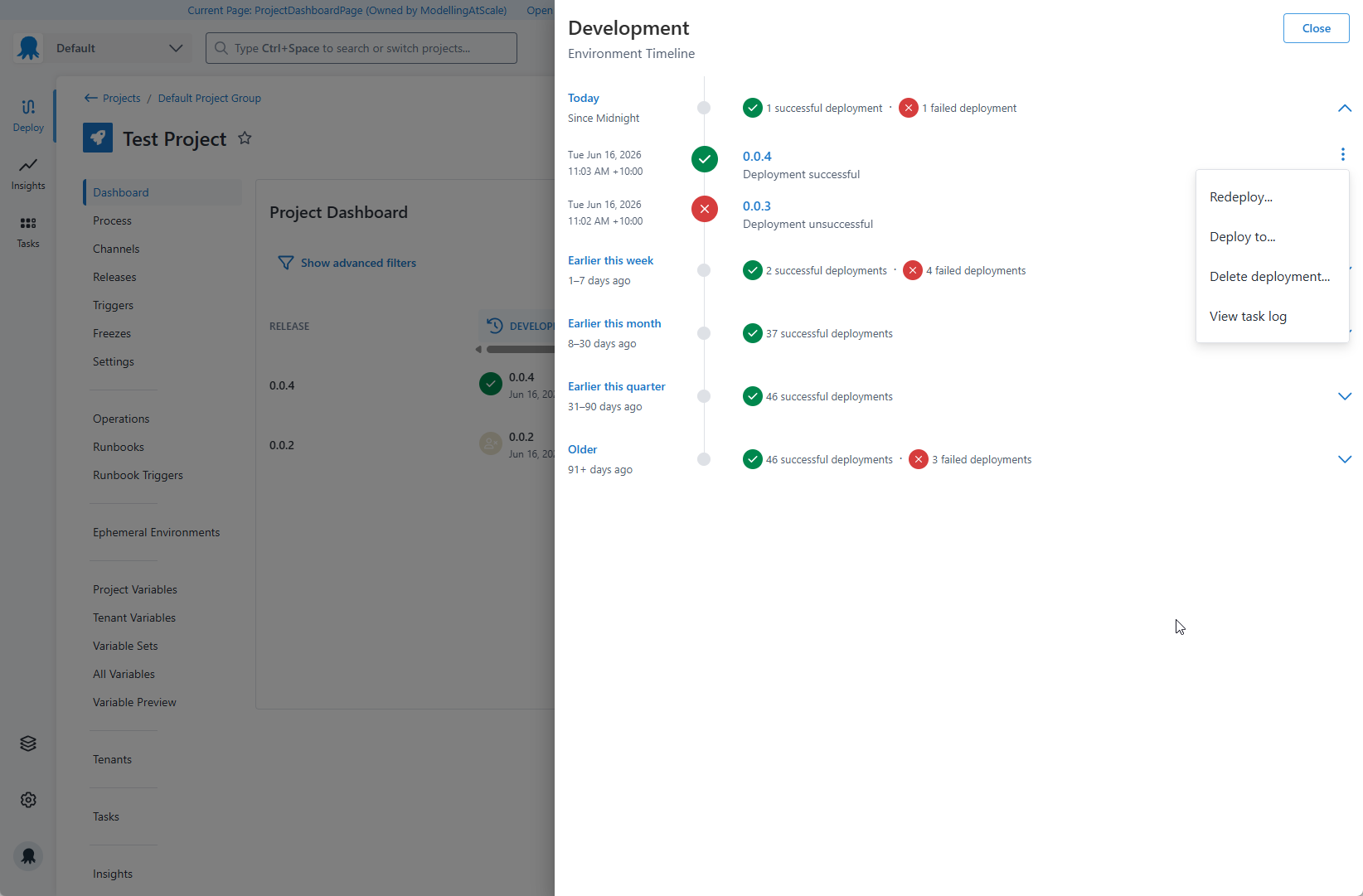 The Environment Timeline with overflow menu for last successful deployment